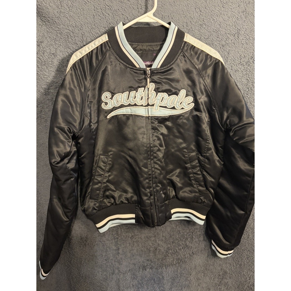Y2K Southpole Jacket Womens Med. Black Bomber Full Zip Embroidered Streetwear